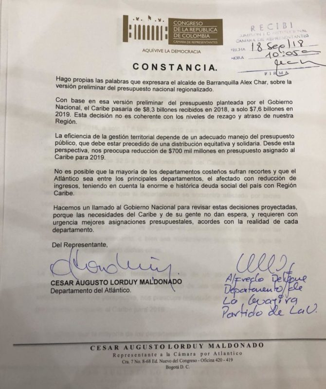 Lorduy protesta en el Congreso por recorte presupuestal para la Región Caribe 1