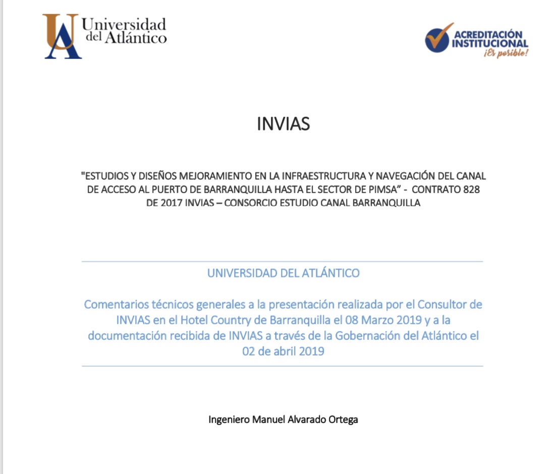 Estudios y diseños de mejoramiento en la infraestructura y navegación del canal de acceso al puerto de Barranquilla hasta sector Pimsa 2