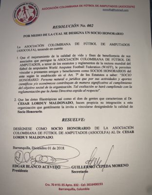 Cesar Lorduy designado socio honorario de la Asociación colombiana de fútbol de amputados 5