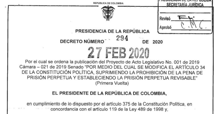 Cadena Perpetua Proyecto de Acto Legislativo N° 001 de 2019