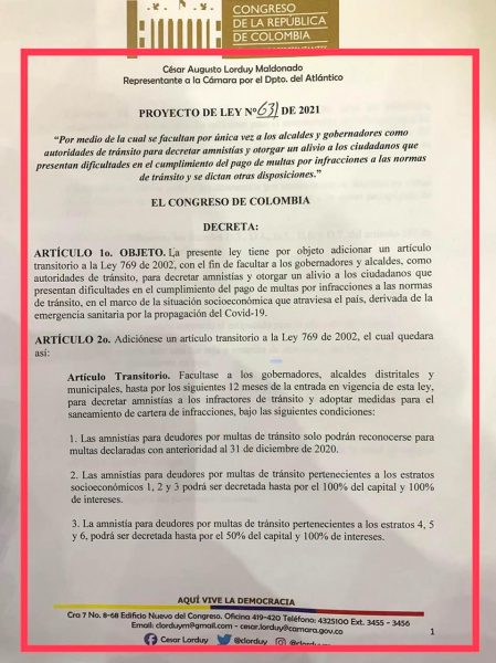 Radicado proyecto de ley que otorga amnistías y alivios por multas de tránsito, propuesta de Jaime Pumarejo llevada al Congreso 2