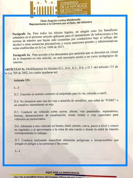 Radicado proyecto de ley que otorga amnistías y alivios por multas de tránsito, propuesta de Jaime Pumarejo llevada al Congreso 3