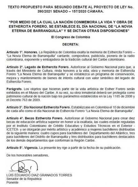 A sanción presidencial proyecto autoría de Arturo Char y Cesar Lorduy que exalta vida y obra de Esthercita Forero 1