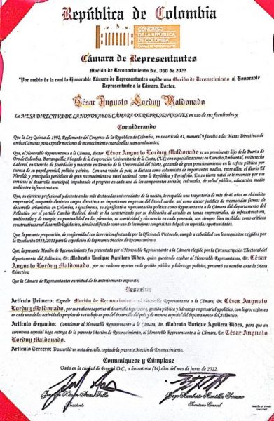 Cámara de Representantes otorga moción de reconocimiento a César Lorduy 2 Cámara de Representantes otorga moción de reconocimiento a César Lorduy 2